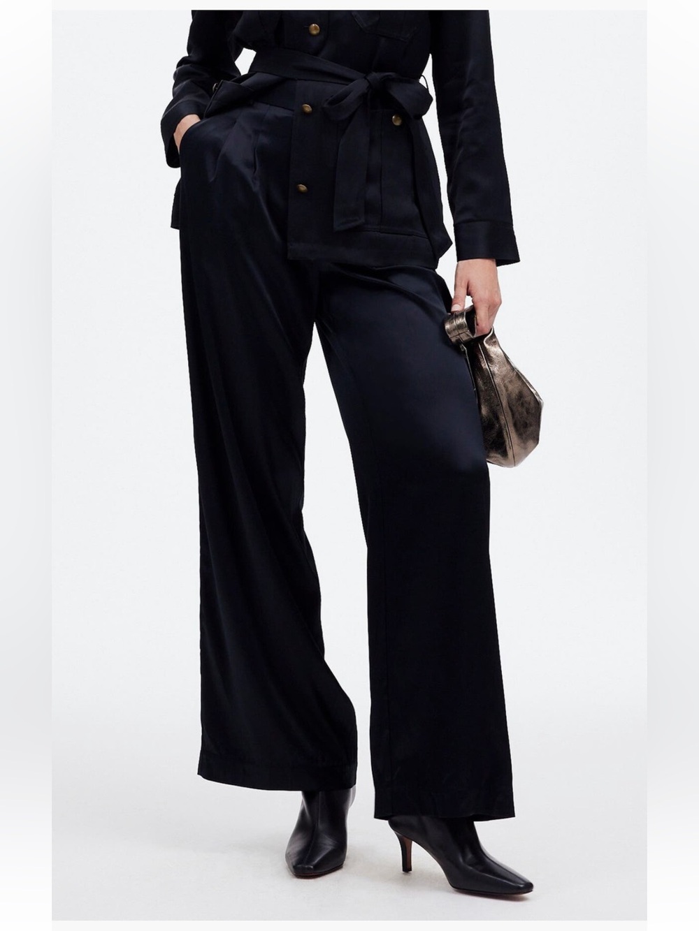 Madewell Superwide Leg Trousers in
Stretch Satin Black Pants Size 8 NWT